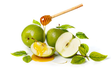 Honey dripping from wooden stick on green apples. White background. Rosh Hashanah (Jewish New Year...