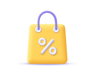 3d shopping bag icon with percent symbol. Render shopping paper bag for discount concept, sale on goods and online shopping. 3d vector cartoon minimal illustration