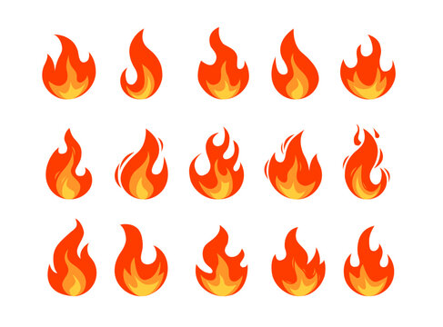 Vector flame collection - Set of fire symbols and graphical elements in red and orange on white background. Flat design illustration