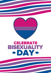 Celebrate Bisexuality Day. Bisexual Pride and Bi Visibility Day. Bisexual flag. Coming out. Celebrated annual in September 23. Festival and parade. Poster, card, banner, template, background. Vector