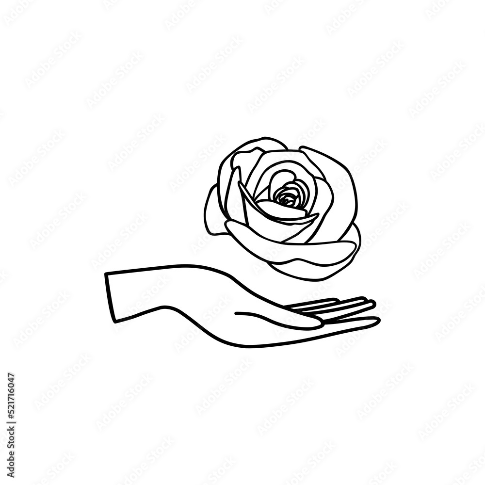 Poster hand with rose vector abstract logo design template in trendy linear minimalistic style. symbol for 