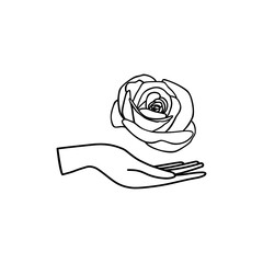 hand with rose Vector abstract logo design template in trendy linear minimalistic style. symbol for cosmetics, jewelry, beauty products and handicraft, tattoo studios