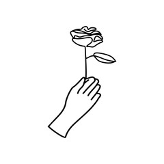 The hand holding a rose. Greeting card design in line style.  Vector illustration