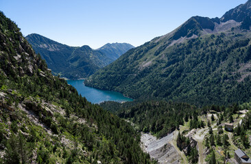 view over a lower mand made reservoir lake, mountain setting 