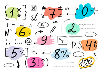 Big set of vector icons for school or business. Numbers, signs, arrows, symbols, shapes, stripes. Hand drawn icons in doodle style on isolated background