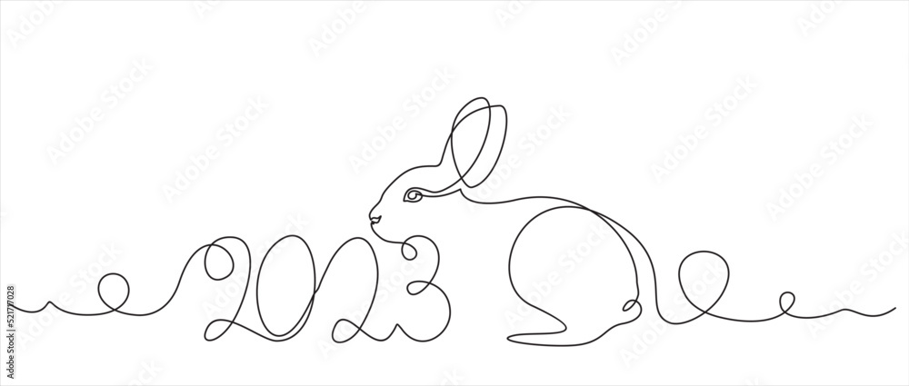 Poster continuous one line drawing of bunny symbol of 2023 year. fluffy rabbit silhouette with ears in simp
