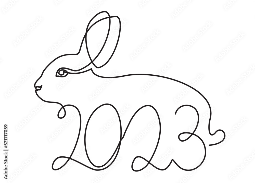 Poster Continuous one line drawing of Bunny symbol of 2023 year. Fluffy rabbit silhouette with ears in simple linear style for winter design greeting card and web banner. Doodle Vector illustration