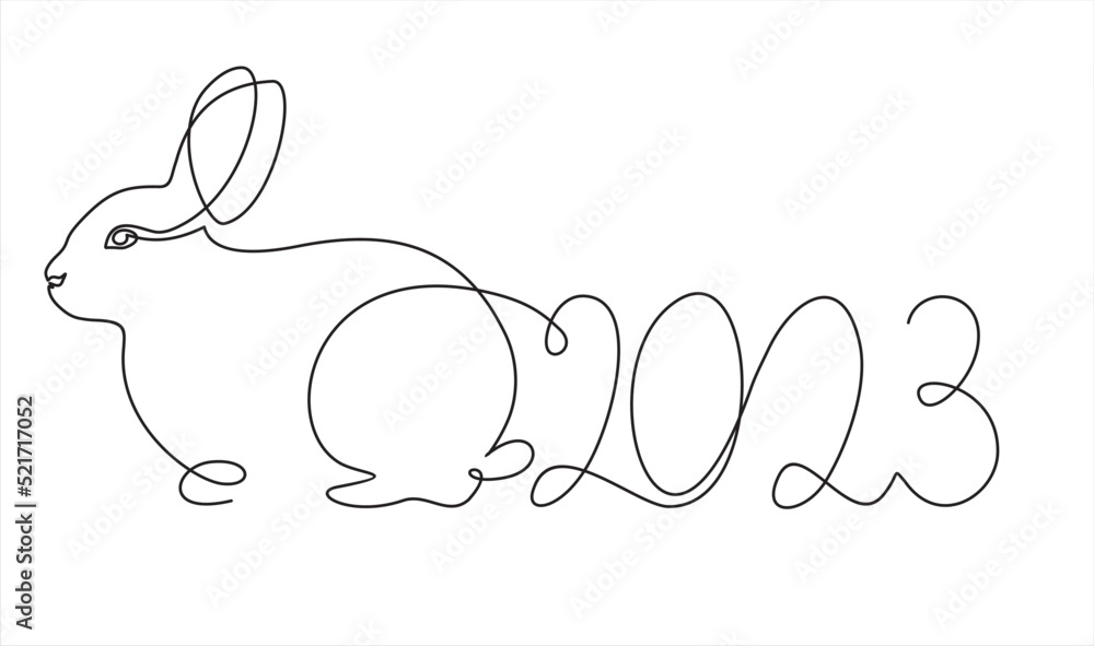 Poster Continuous one line drawing of Bunny symbol of 2023 year. Fluffy rabbit silhouette with ears in simple linear style for winter design greeting card and web banner. Doodle Vector illustration