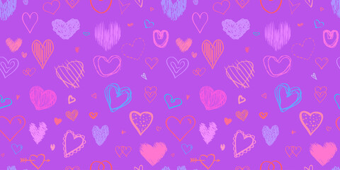 Hand drawn abstract background with hearts. Seamless grungy wallpaper on surface. Chaotic texture with love signs. Lovely pattern. Line art. Print for banner, flyer or poster. Colorful illustration