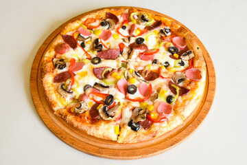 Delicious mixed pizza with rich content. Menu concept of choice and diversity. Karisik pizza