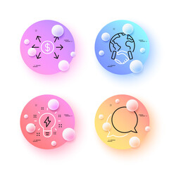 Inspiration, Chat message and Global business minimal line icons. 3d spheres or balls buttons. Dollar exchange icons. For web, application, printing. Creativity, Speech bubble, Outsourcing. Vector