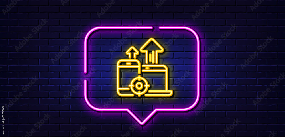Poster neon light speech bubble. seo devices line icon. web targeting sign. traffic management symbol. neon