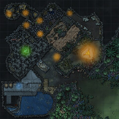 Huge 30x30 in roleplaying tabletop map for any fantasy games. Dungeon location with treasures, mystic lights, hidden forest, scary traps and forest cave entrance. 15x15 grid.