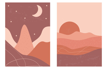 Set of trendy minimalist landscape. Boho poster collection mountains, sunset, moon.landscape scenes. Design for social media, wallpapers, postcards, prints.