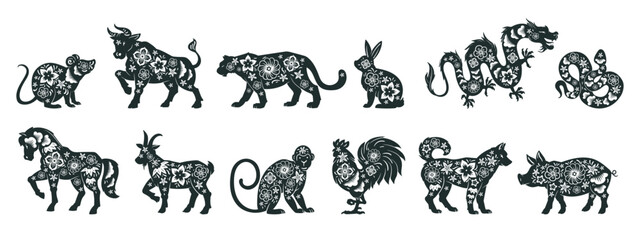 Obraz premium Chinese zodiac signs silhouettes, lunar New Year horoscope animals. Oriental astrological calendar tiger, rabbit and rooster signs flat vector illustrations set. Asian horoscope symbols