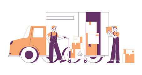 Outline delivery service workers, couriers characters with cargo truck. Shipment service couriers carrying parcels and delivery packages flat vector illustration. Delivery service concept