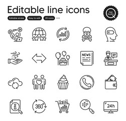 Set of Business outline icons. Contains icons as Sync, 360 degree and Seo shopping elements. Chemical hazard, Call center, Cake web signs. Search text, 24h service, Video conference elements. Vector