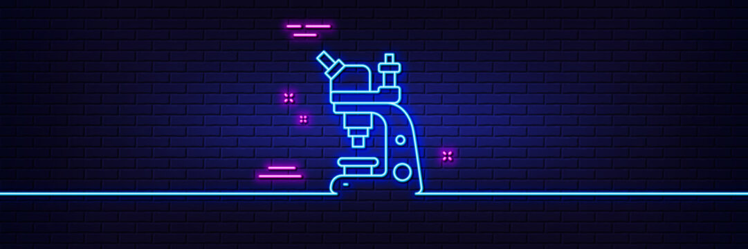 Neon light glow effect. Microscope line icon. Chemistry lab sign. Analysis symbol. 3d line neon glow icon. Brick wall banner. Microscope outline. Vector
