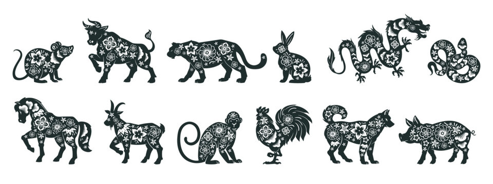 Chinese zodiac signs silhouettes, lunar New Year horoscope animals. Oriental astrological calendar tiger, rabbit and rooster signs flat vector illustrations set. Asian horoscope symbols