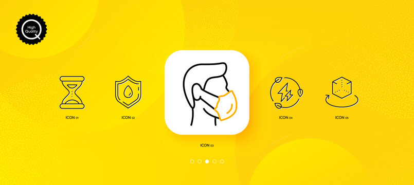 Augmented reality, Time and Green electricity minimal line icons. Yellow abstract background. Medical mask, Blood donation icons. For web, application, printing. Vector