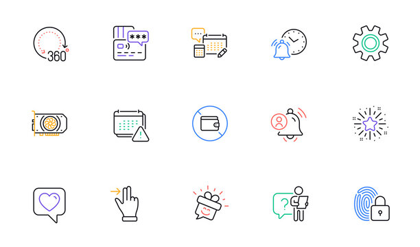 Lock, Wallet and Search employee line icons for website, printing. Collection of Service, Alarm clock, Notification icons. User notification, Gpu, Smile web elements. Card, Twinkle star. Vector