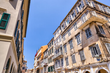 Building facades on the streets of the old town of Corfu in Greece