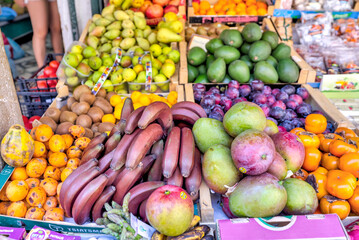 A fruit stand on the busy streets of Corfu