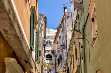 Fototapeta na wymiar Building facades on the streets of the old town of Corfu in Greece