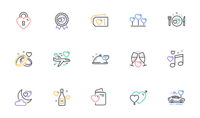 Honeymoon line icons set. Marriage rings, Wedding car, love. Bridal champagne, Valentine heart icons. Couple tickets, honeymoon travel, married night. Wedding love music. Vector