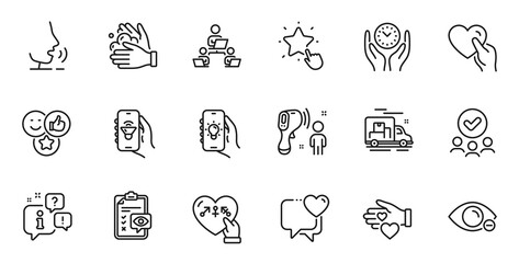 Outline set of Genders, Ranking star and Wash hands line icons for web application. Talk, information, delivery truck outline icon. Vector