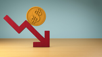 U.S. dollar coin rolling down red arrow with copy space, loss of value concept. 3D illustration render.