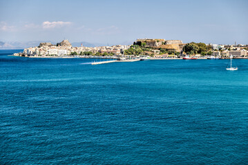 Fototapeta na wymiar The coastline of Corfu Town as seen from the water