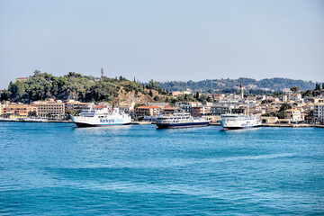 Obraz na płótnie Canvas The coastline of Corfu Town as seen from the water