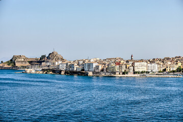 Fototapeta na wymiar The coastline of Corfu Town as seen from the water