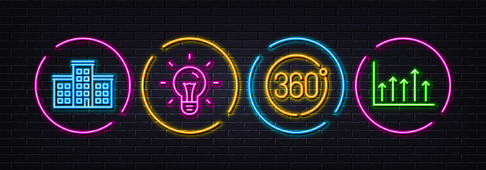 360 degrees, Company and Idea minimal line icons. Neon laser 3d lights. Growth chart icons. For web, application, printing. Full rotation, Building, Light bulb. Upper arrows. Vector