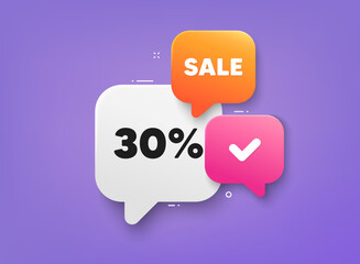 30 percent off sale tag. 3d bubble chat banner. Discount offer coupon. Discount offer price sign. Special offer symbol. Discount adhesive tag. Promo banner. Vector