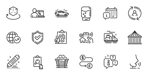 Outline set of Water cooler, Augmented reality and World statistics line icons for web application. Talk, information, delivery truck outline icon. Vector