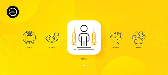 Toilet paper, Dog paw and Coronavirus injections minimal line icons. Yellow abstract background. Vaccine announcement, Eye drops icons. For web, application, printing. Vector - obrazy, fototapety, plakaty