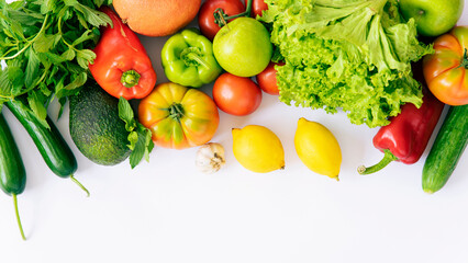 Delivery healthy food background. Healthy vegan vegetarian food in  vegetables and fruits on white, copy space, banner. Shopping food supermarket and clean vegan eating concept.