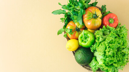 Delivery healthy food background. Healthy vegan vegetarian food in  vegetables and fruits on white, copy space, banner. Shopping food supermarket and clean vegan eating concept.