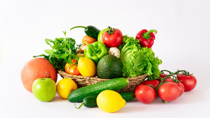 Delivery healthy food background. Healthy vegan vegetarian food in  vegetables and fruits on white, copy space, banner. Shopping food supermarket and clean vegan eating concept.