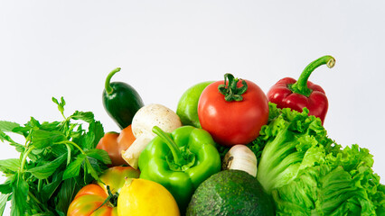 Delivery healthy food background. Healthy vegan vegetarian food in  vegetables and fruits on white, copy space, banner. Shopping food supermarket and clean vegan eating concept.