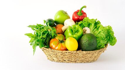 Fototapeta na wymiar Delivery healthy food background. Healthy vegan vegetarian food in vegetables and fruits on white, copy space, banner. Shopping food supermarket and clean vegan eating concept.