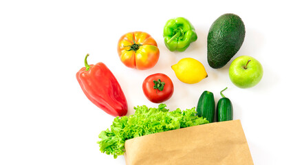 Delivery healthy food background. Healthy vegan vegetarian food in  vegetables and fruits on white, copy space, banner. Shopping food supermarket and clean vegan eating concept.