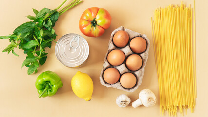 Delivery healthy food background. Healthy vegan vegetarian food in  vegetables and fruits on white, copy space, banner. Shopping food supermarket and clean vegan eating concept.