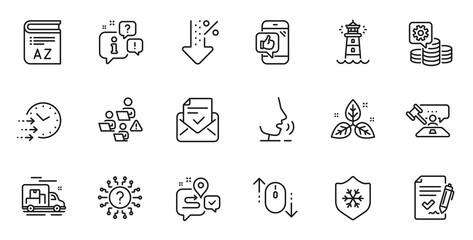 Outline set of Approved agreement, Approved mail and Fair trade line icons for web application. Talk, information, delivery truck outline icon. Vector