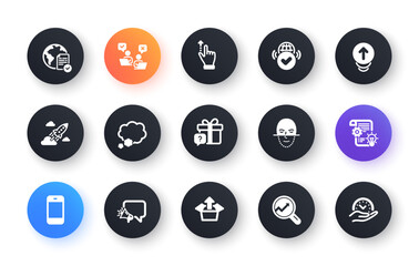 Minimal set of Send box, Online voting and Startup rocket flat icons for web development. Megaphone, Face recognition, Smartphone icons. Touchscreen gesture, Online voting. Vector
