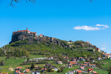Beautiful panorama view of Riegersburg castle on a sunny summer day with blue sky cloud, Feldbach, Styria, Austria - 521720694