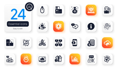 Set of Business flat icons. Diagram graph, Info and Blood donation elements for web application. Finance calculator, Swipe up, Women headhunting icons. Love gift, Cloud storage. Vector