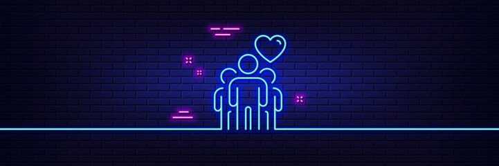 Neon light glow effect. Friendship line icon. Friends group sign. Assistance business symbol. 3d line neon glow icon. Brick wall banner. Friendship outline. Vector